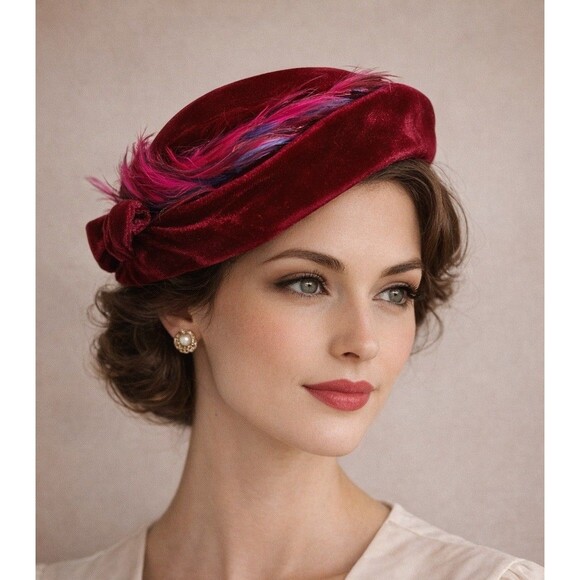 Union Made Accessories - Vintage Red Velvet Feather Cocktail Hat Union Made Mid Century Church